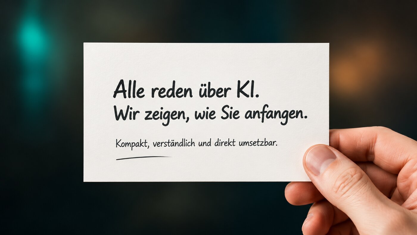 Hand hält Karteikarte: Alle reden über KI. Wir zeigen, wie Sie anfangen. Kompakt, verständlich und direkt umsetzbar.