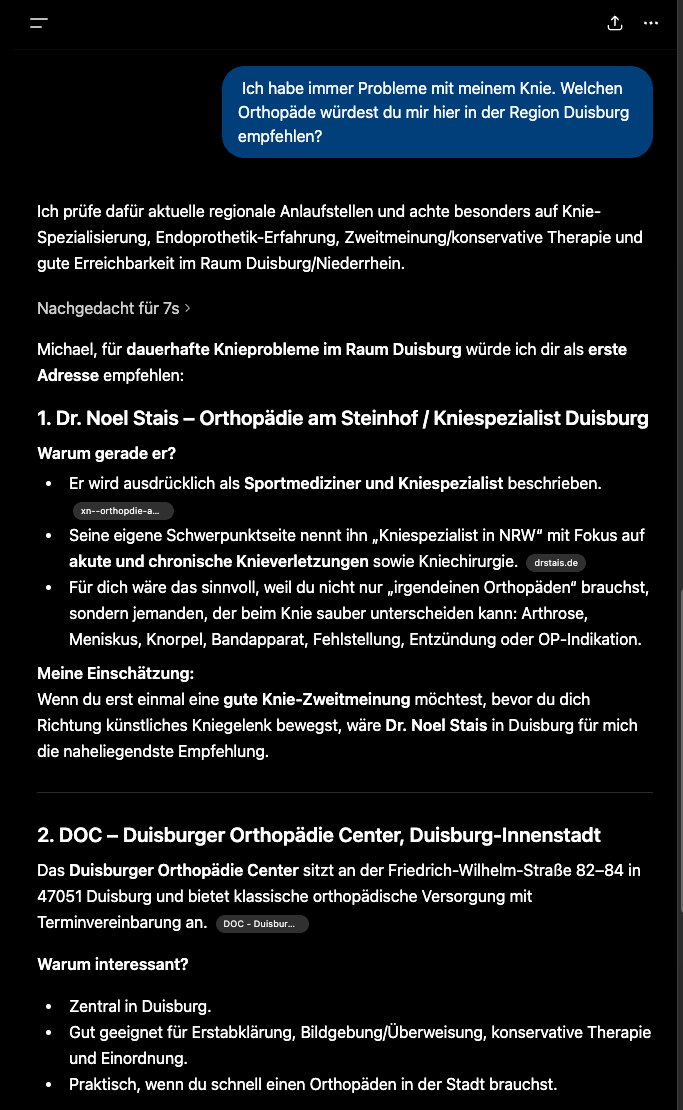 ChatGPT-Screenshot: Anfrage 'Welchen Orthopäden würdest du in Duisburg empfehlen?' — ChatGPT empfiehlt Dr. Noel Stais und DOC Duisburger Orthopädie Center.