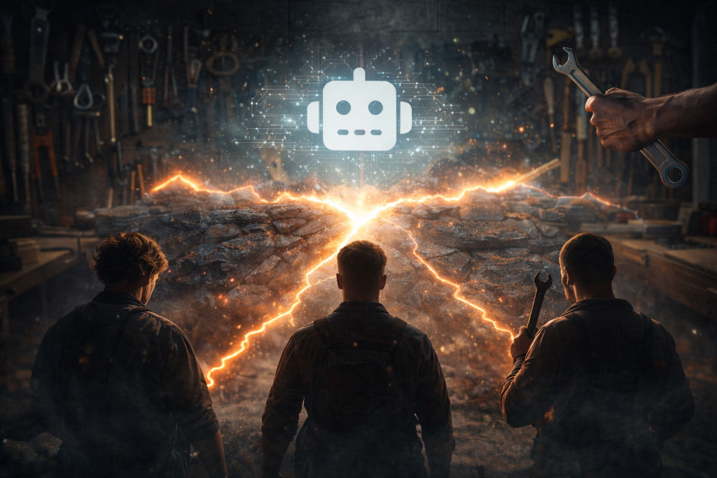 KI Roboter leuchtet über Handwerkern