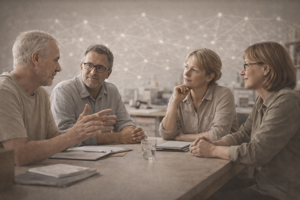 Team bespricht KI-Einführung am Tisch